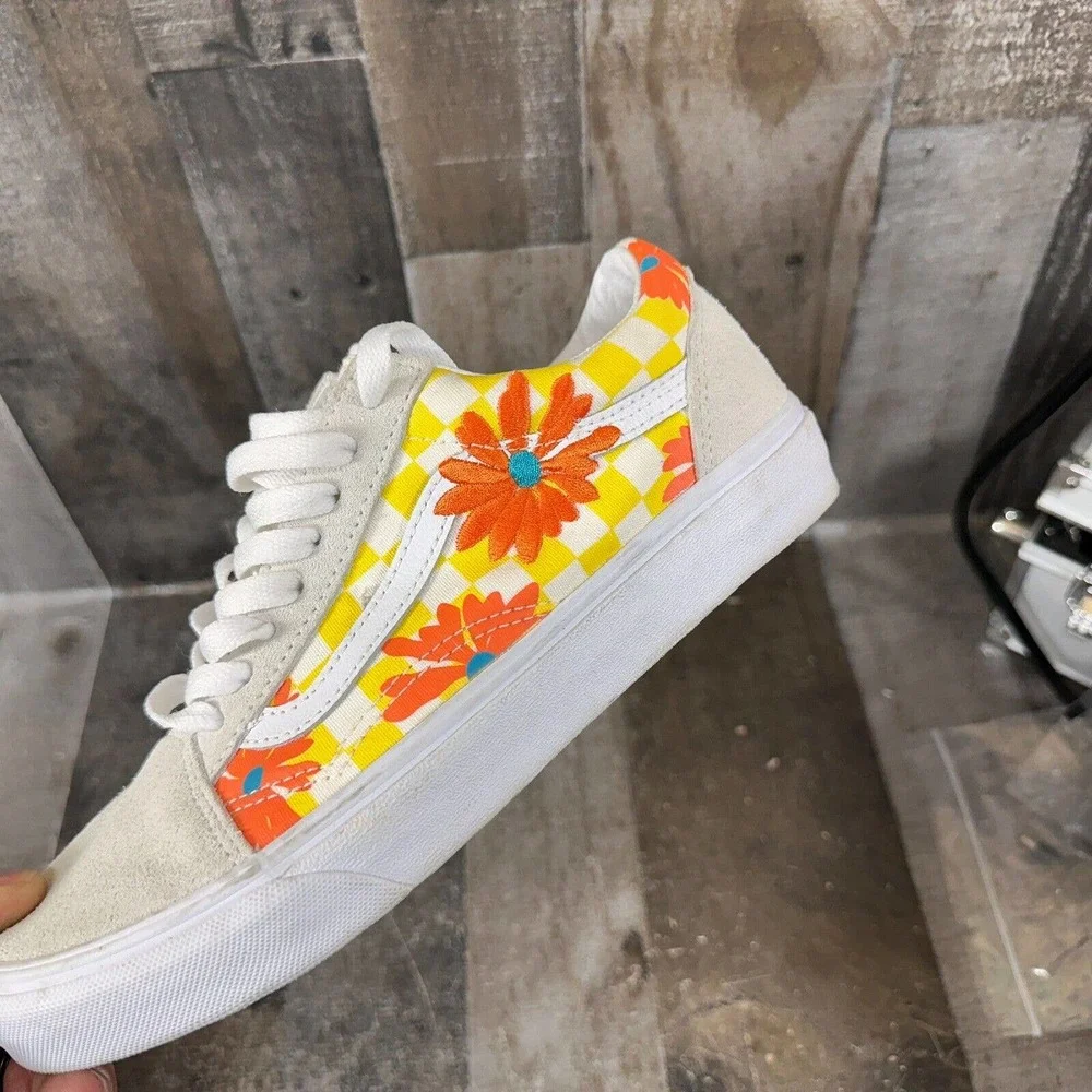 Vans Old Skool CHECKERBOARD FLORAL BLANC DE Womens 8.5,‎ Mens 7 Unisex